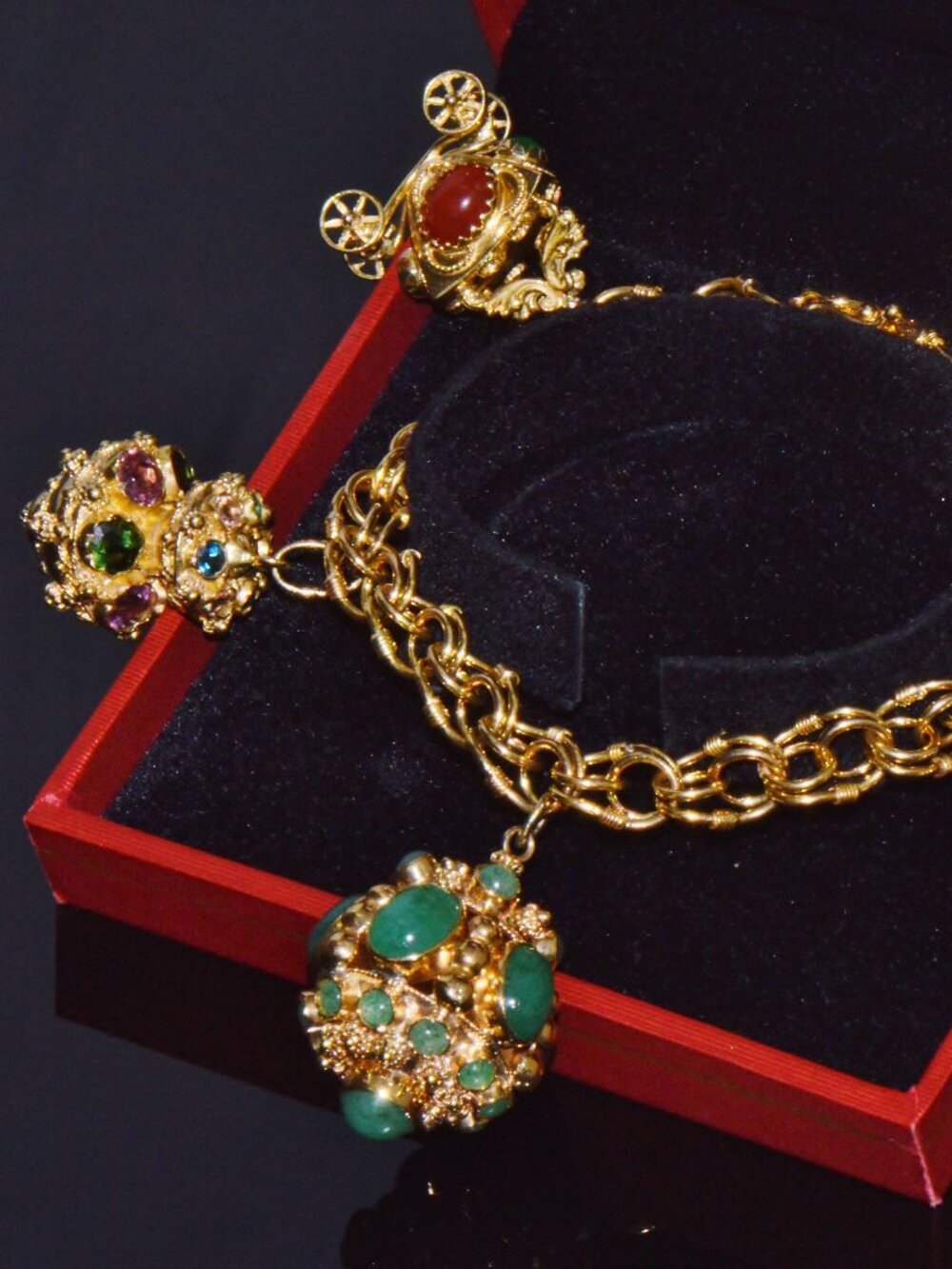 Vintage Italian Solid 19.2K & 18K Gold Etruscan Revival Multigem Charm Bracelet